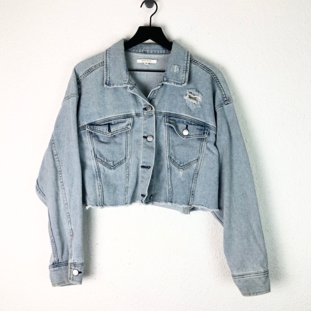 Pacsun Crop Jean Jacket Distressed Denim Button